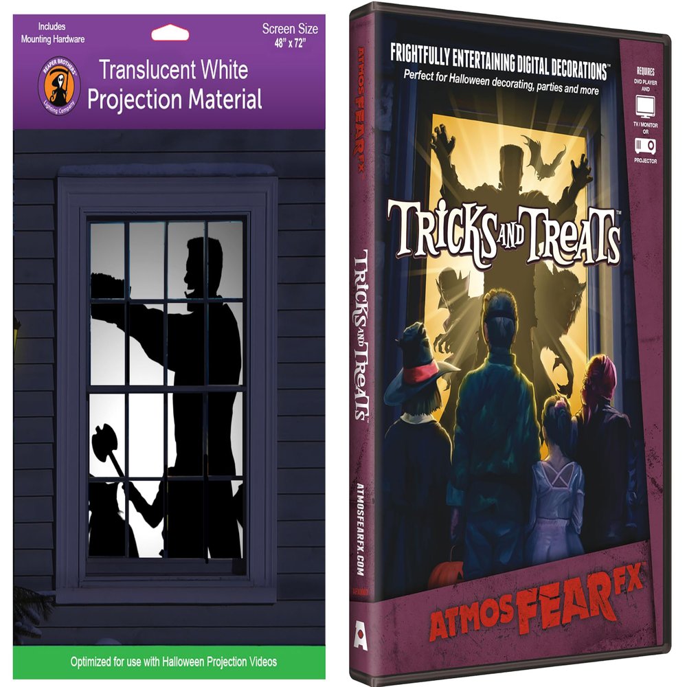 AtmosFearFx Halloween DVD with 48" x 72" White Reaper Brothers Rear Projection Screen (Tricks or Treats DVD)