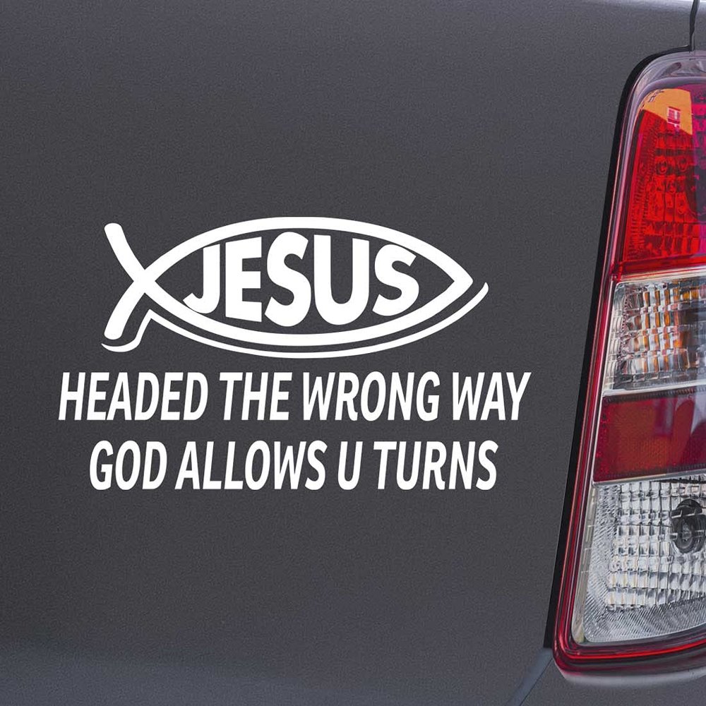 Custom Brother - Headed The Wrong Way GOD Allows U Turns Christian Jesus Fish White Color Car Laptop Wall Bumper Decal Sticker, DesU36