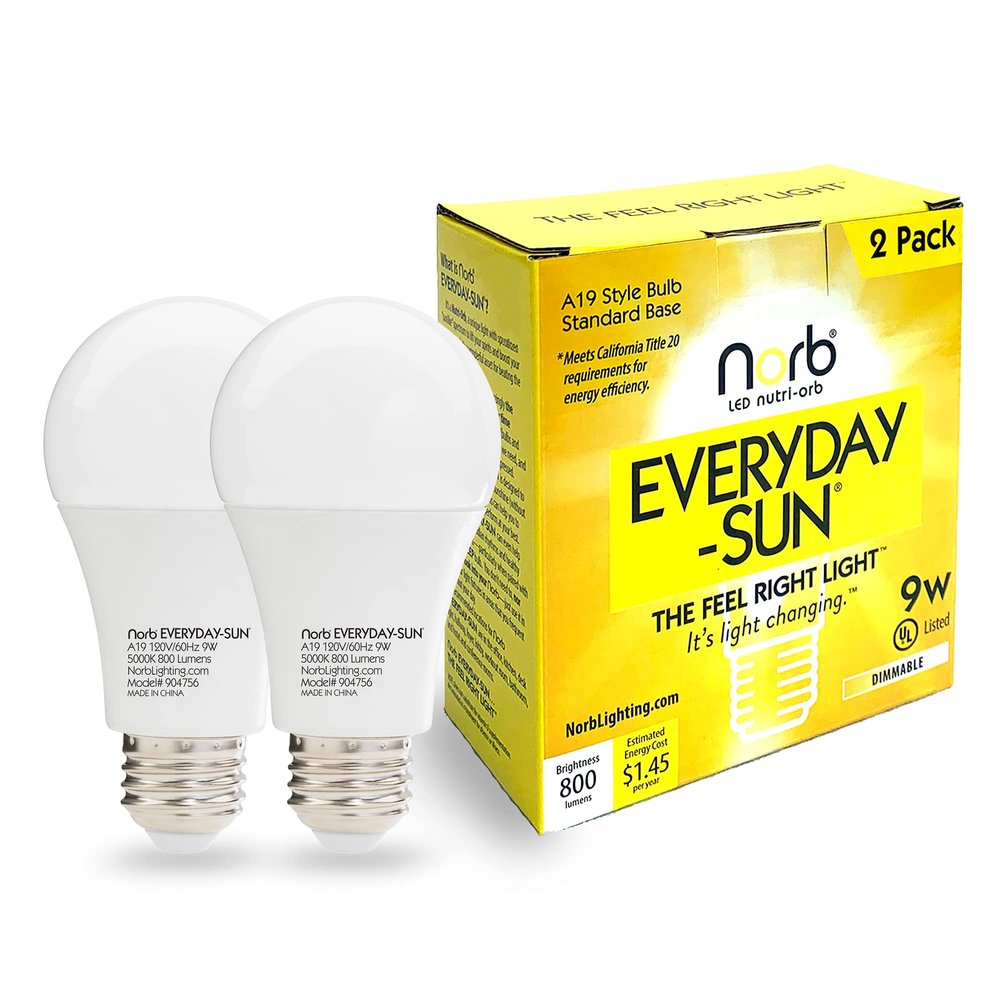 Norb Everyday Sun Light Bulb - Full Spectrum Wellness Lighting, Sunlight-Mimicking Technology for Energy, Mood & Performance. Supports Sleep/Wake Cycles, 5000K, 9W, US Based, Budget-Priced (2-Pack)
