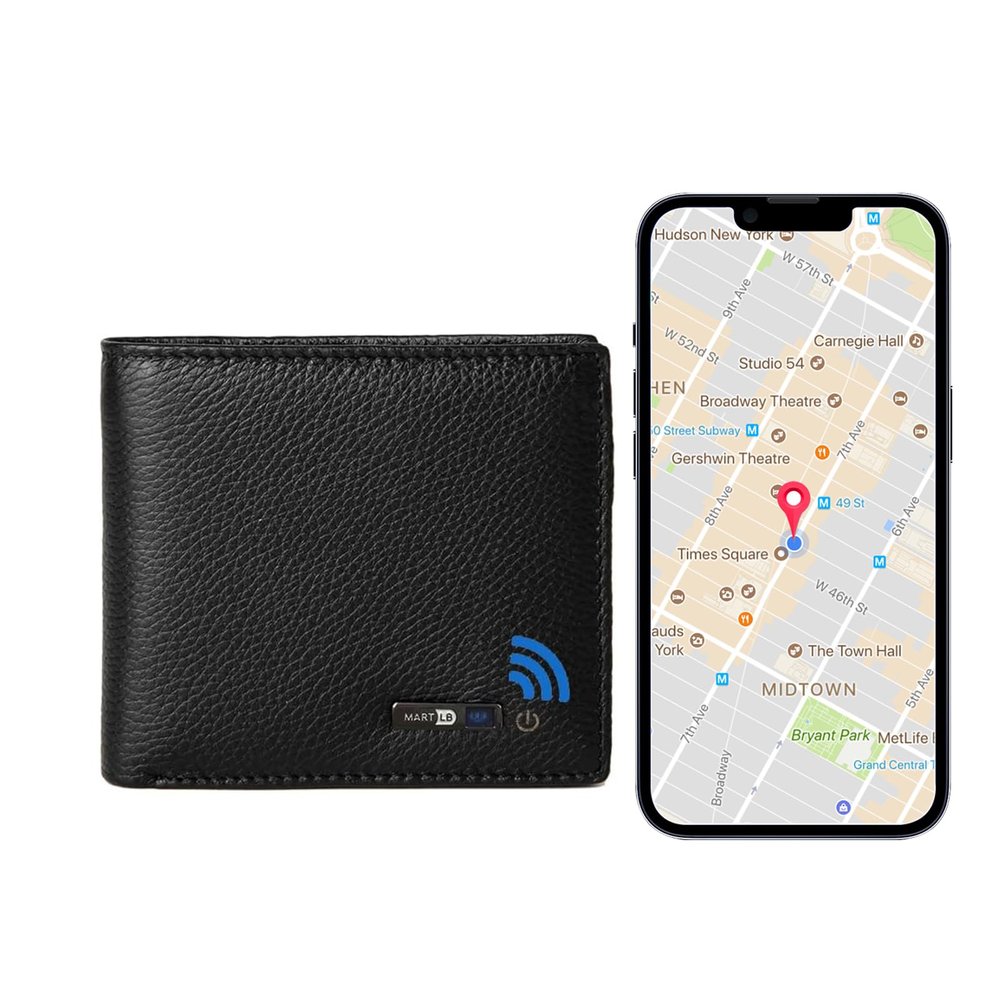 Men Wallet with Tracker Work with iOS&Android, Wallet Tracker with Bifold Genuine Leather Wallet 8 Card &1 ID Windows & 2 Cash Slot&Coin Pocket (Black)