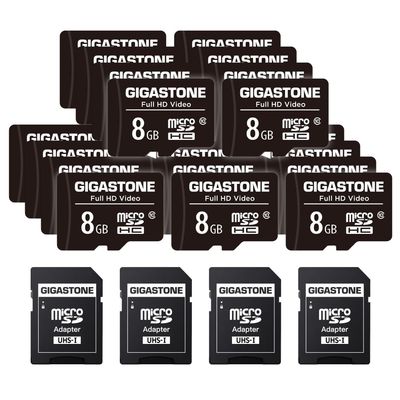 GIGASTONE 8GB Micro SD Card 20-Pack, Full HD Video, Surveillance Security Cam Action Camera Drone, 80MB/s Micro SDHC Class 10, with Adapters
