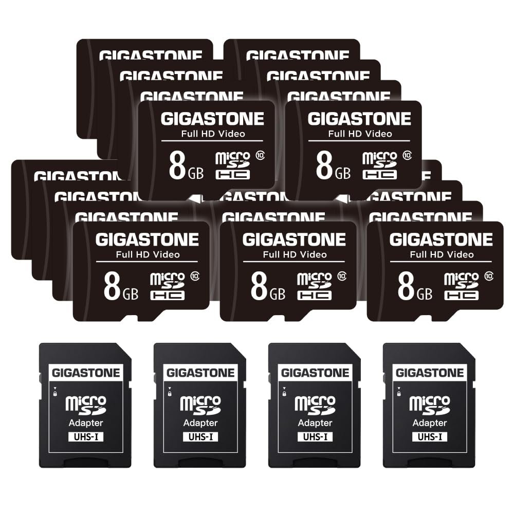 GIGASTONE 8GB Micro SD Card 20-Pack, Full HD Video, Surveillance Security Cam Action Camera Drone, 80MB/s Micro SDHC Class 10, with Adapters