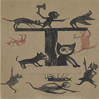 Figures and Construction with Cat : Bill Traylor : Archival Quality Art Print