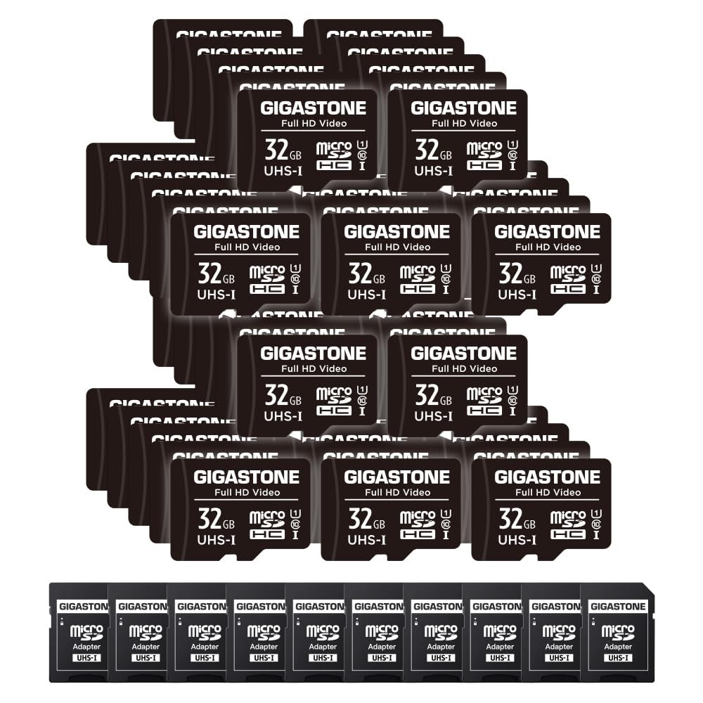 GIGASTONE 32GB Micro SD Card 50-Pack, Full HD Video, Surveillance Security Cam Action Camera Drone, 90MB/s Micro SDHC UHS-I U1 C10 Class 10, with Adapter