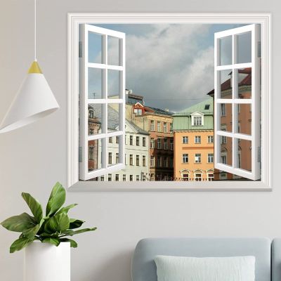 3D Wall Decals Window Looking Out Houses in Riga Latvia Street Architecture Wall Stickers Murals Wallpaper Art Decor for Living Room,Home Walls,Kids Room