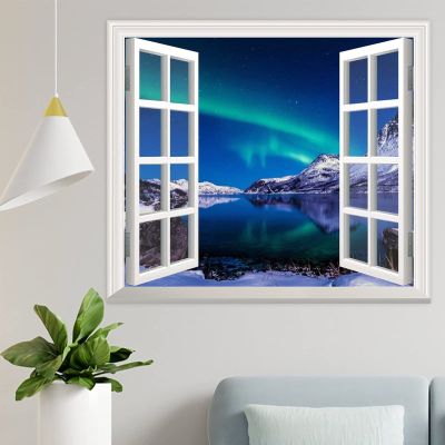 3D Wall Decals Window Looking Out Northern Lights in Iceland Lake Water Wall Stickers Murals Wallpaper Art Decor for Living Room,Home Walls,Kids Room