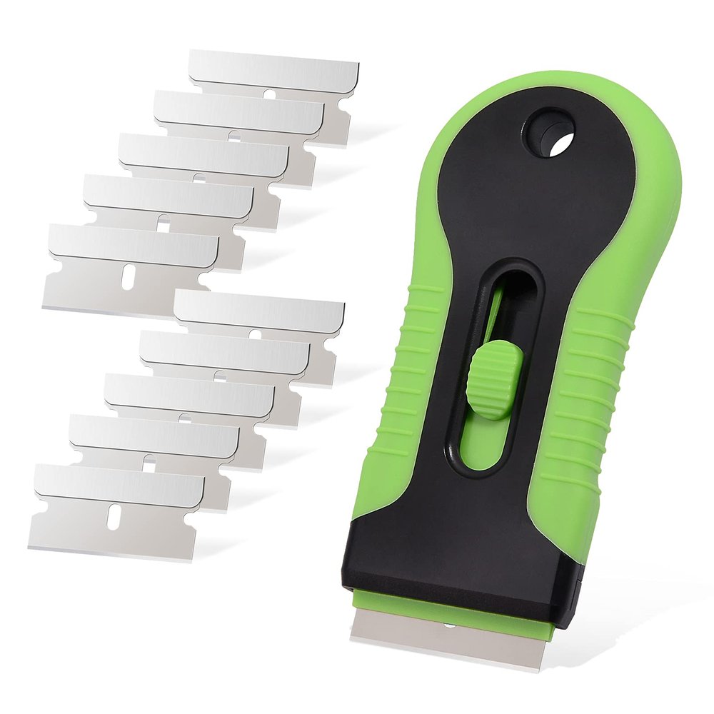 EHDIS Car Sticker Remover Glass Cooktop Razor Scraper with 10pcs Replace Blades for Label,Glue,Paint,Adhesive Remover,Oven Door, Stove Cleaning (Green)