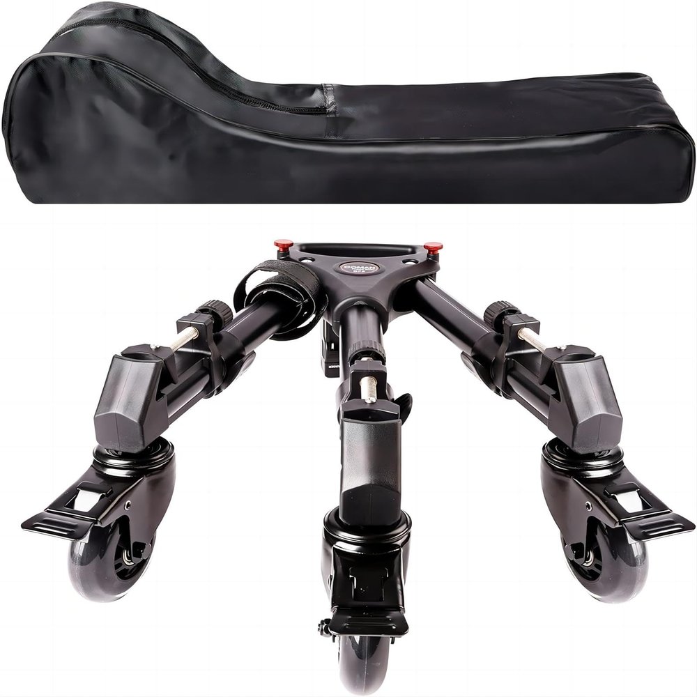 Photography Tripod Dolly, Heavy Duty with Larger 3-inch Rubber Wheels, Adjustable Leg Mounts and Carry Bag, Compatible with Most Tripods Perfect for Cameras Camcorder and Lighting Equipment Black