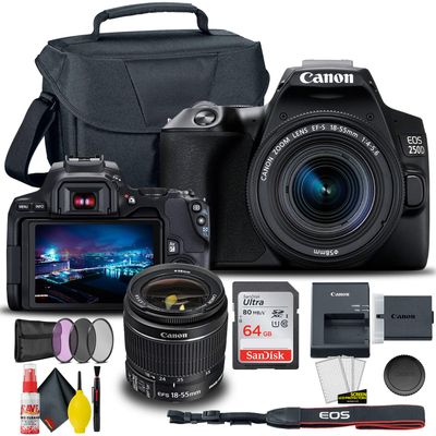Canon EOS 250D / Rebel SL3 DSLR Camera with 18-55mm Lens + Creative Filter Set, EOS Camera Bag + Sandisk Ultra 64GB Card + 6AVE Electronics Cleaning Set, and More (International Model) (Renewed)