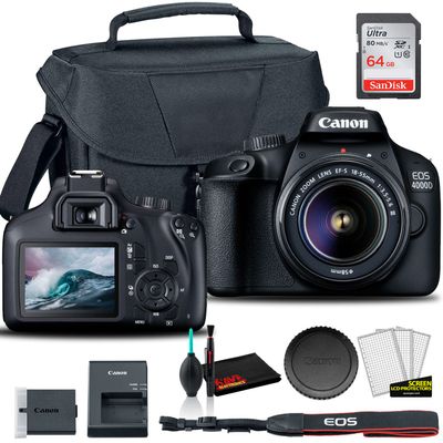 Canon EOS 4000D DSLR Camera with 18-55mm Lens + EOS Bag + Sandisk Ultra 64GB Card + Cleaning Set and More (International Model)