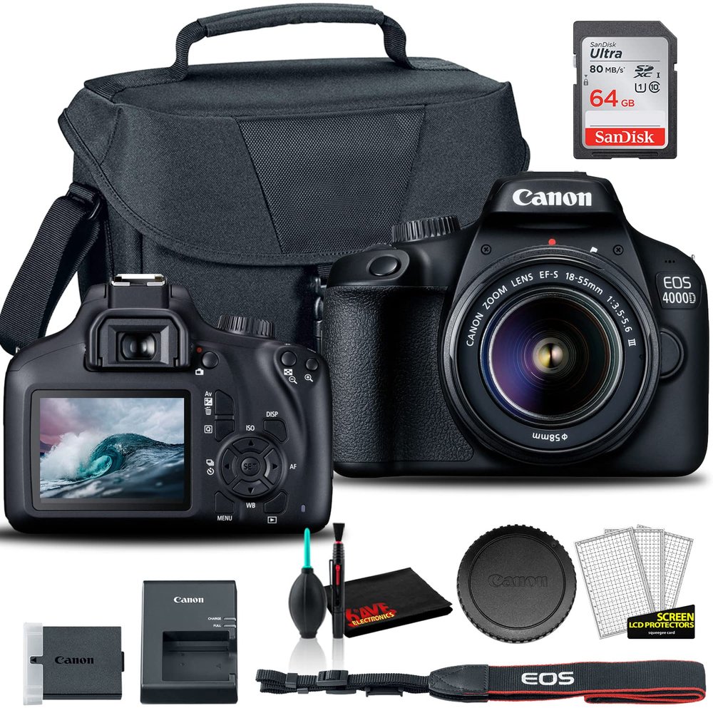 Canon EOS 4000D DSLR Camera with 18-55mm Lens + EOS Bag + Sandisk Ultra 64GB Card + Cleaning Set and More (International Model)