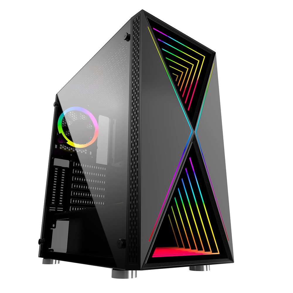 Bgears b-BlackWidow-RGB Black Gaming PC ATX case, Special Ripple Effect Front Panel, Tempered Glass Side. 2 x USB3.0, 3 x PWM 120mm ARGB Fans, Fan Controller with Remote, Support up to EATX Board