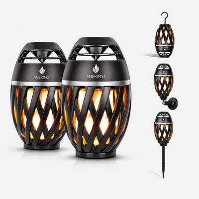 ANERIMST for Dad, Outdoor Bluetooth Speakers with LED Torch Light Wireless & Waterproof Speaker for Garden, Patio, 360 Sound, 24-Hour Playtime for Men, 2 Pack (Black)