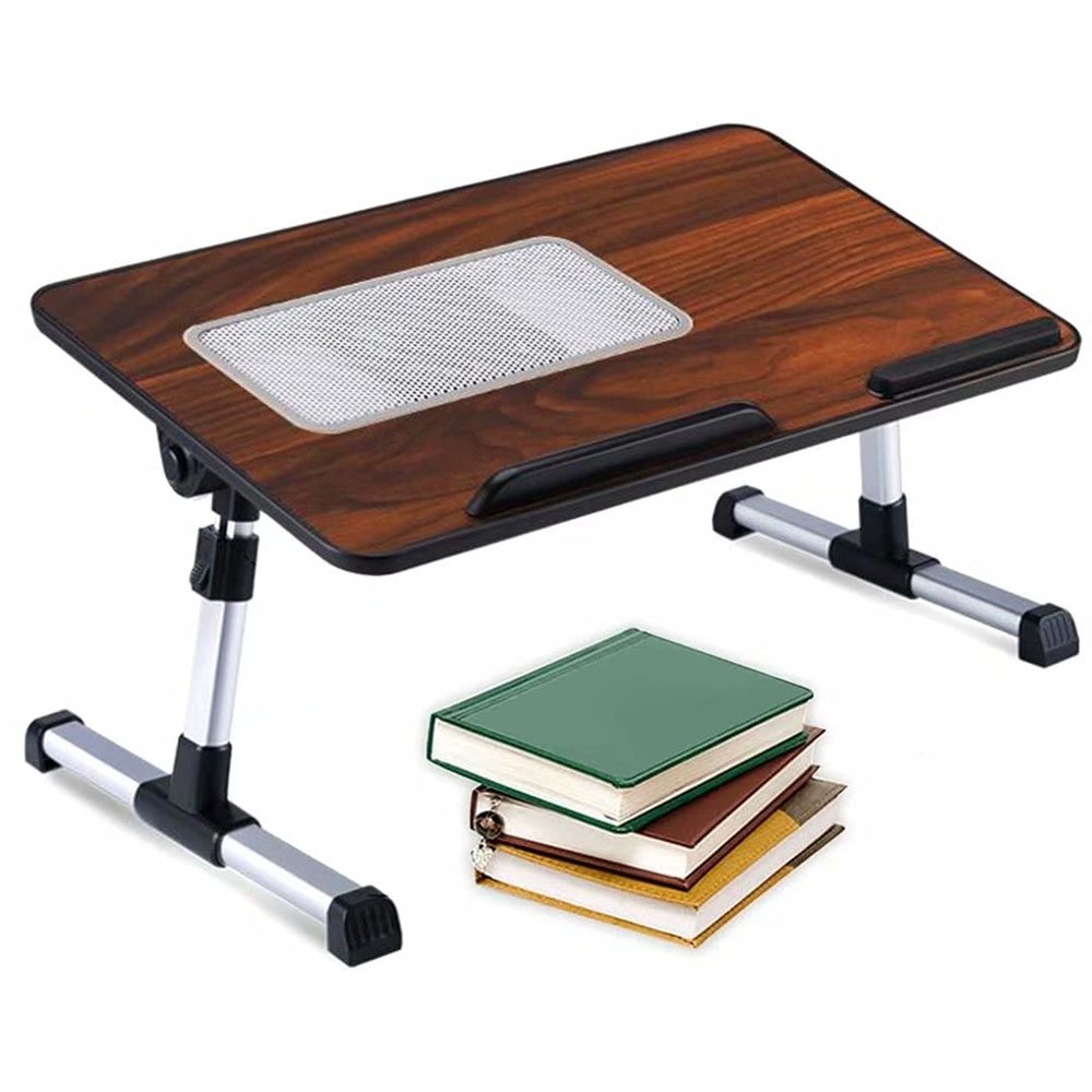 HGTRH Portable Adjustable Laptop Bed Desk Stand Tray Table Wood, Lap Desk for Laptop and Writing with Folding Leg Multifunctional with Internal USB Cooling Fan for Reading Working on Bed