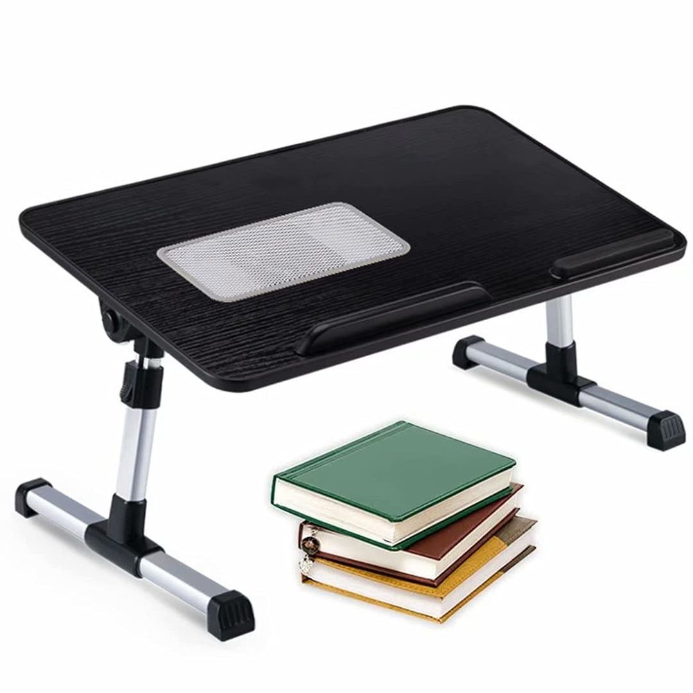 HGTRH Portable Adjustable Laptop Bed Desk Stand Tray Table Wood, Lap Desk for Laptop and Writing with Folding Leg Multifunctional with Internal USB Cooling Fan for Reading Working on Bed