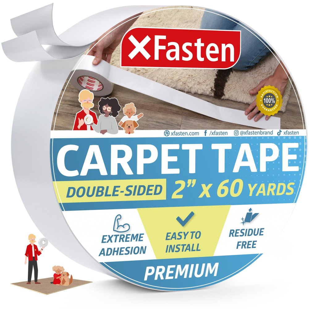 XFasten Double Sided Carpet Tape for Area Rugs, 2 Inch x 60 Yards Heavy Duty Anti Slip Rug Grip Tape, Works as Rug Gripper, Residue Free, Wood Safe, Easy Removal for Hardwood and Laminated Floors