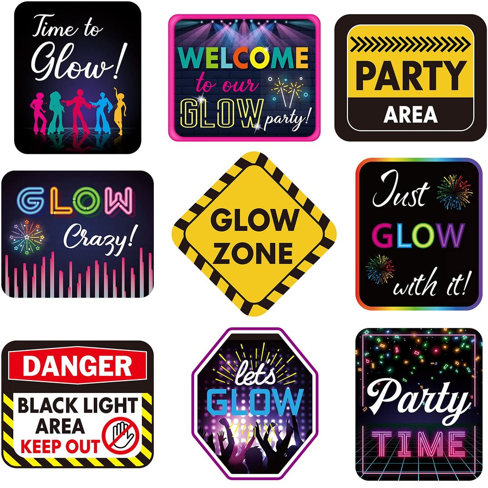 Chinco 9 Pcs Neon Party Decorations Glow in The Dark Birthday Party Favors Black Light Paper Sign Glow Theme Cutouts 11.8 x 7.8 Inch