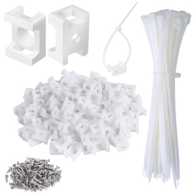 100 Pcs Cable Zip Tie Saddle Type Mounts Base with 100 Pcs 8" Cable Ties and 100 Pcs Tapping Screw, Wire Cable Clips Organizer Holders Clamps White