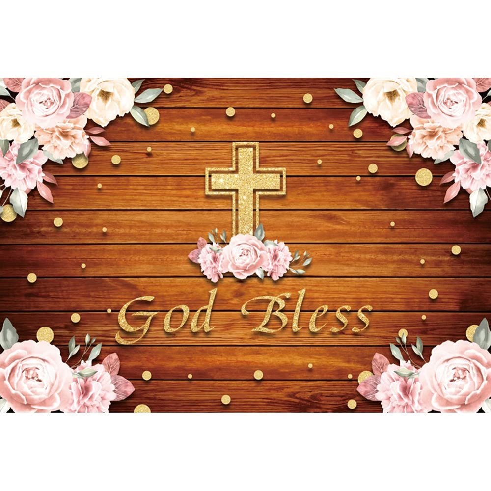 Yeele 10x6.5ft God Bless Themed Backdrop First Holy Communion Baptism Photograph Background Rustic Wood Board Floral Christening Newborn Kids Baby Shower Party Decorations Dessert Cake Table Banner