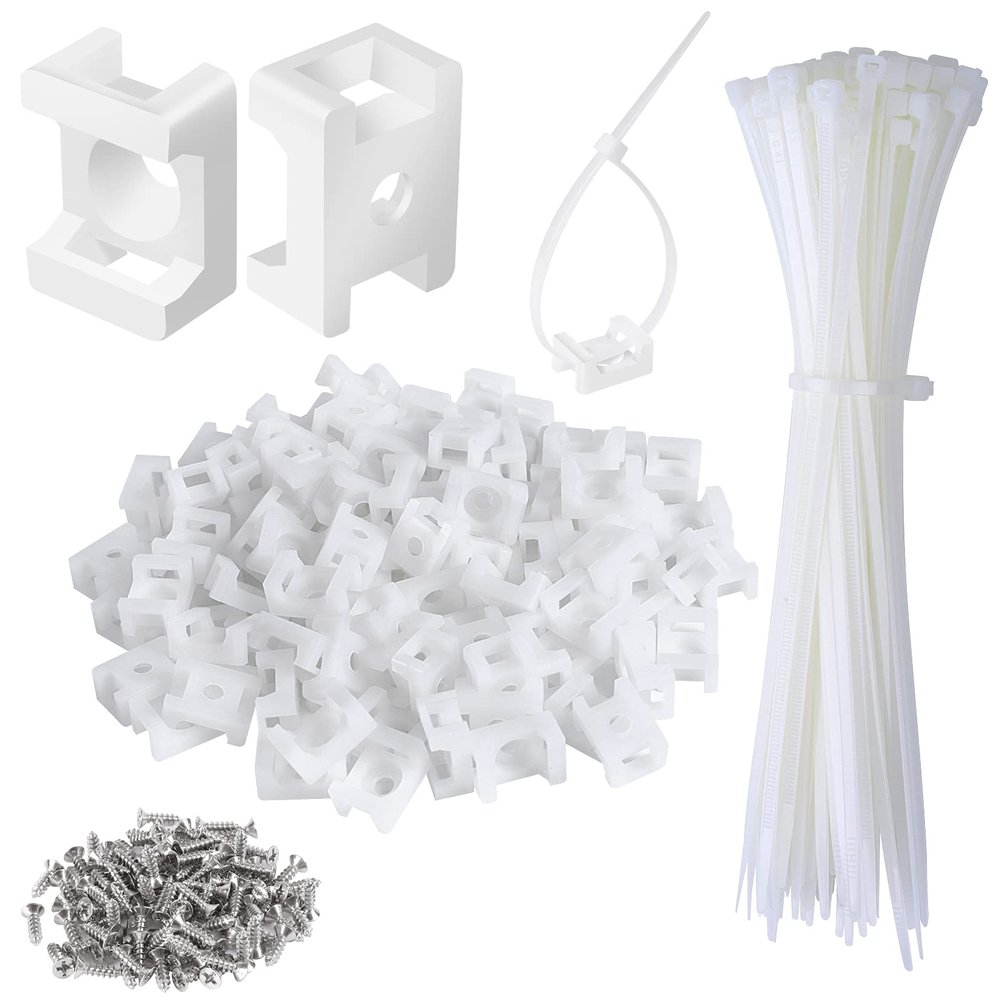 100 Pcs Cable Zip Tie Saddle Type Mounts Base with 8" Cable Ties Tapping Screw, Wire Cable Clips Organizer Holders Clamps White