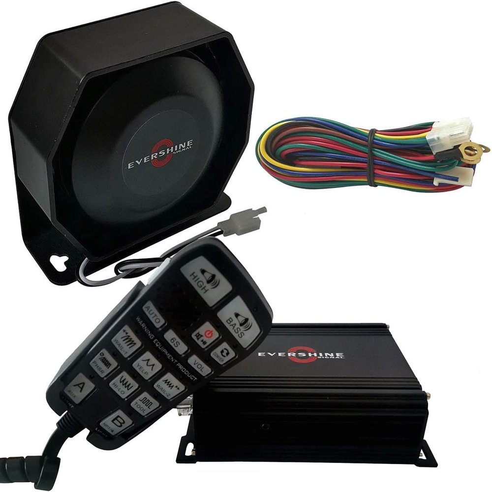 Evershine Signal 12V/24V Police Siren Horn PA System Kit with 100W Multi-Tones Siren Amplifier 118~125dB Flat Speaker Handheld Microphone Light Controller Emergency Sirens for Vehicles Tow Truck Car