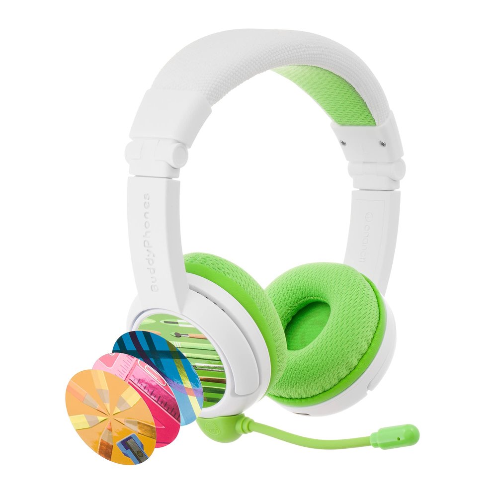 BuddyPhones School Plus Wireless | Comfort Headphones for Kids + Detacheable High-Performance BoomMic - SafeAudio Volume-Limiting, Includes Cable Sharing Jack and Travel Bag (Green)