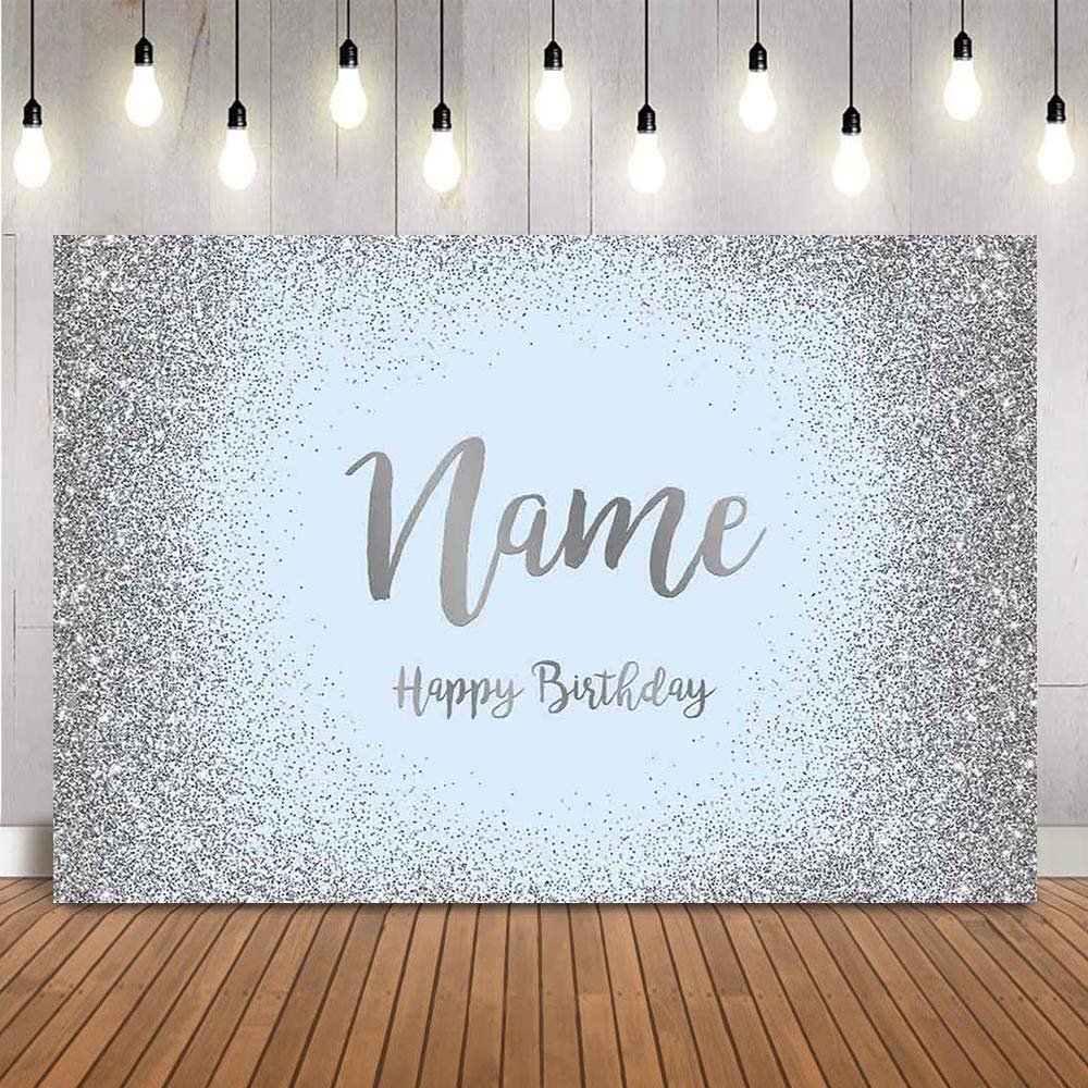 weiyou Name Banner Personalized,Blue Birthday Customize Background Customize Sliver Glitter Photo Booth Background Happy Birthday Party Decoration Photocall (220x150cm,Style-1)