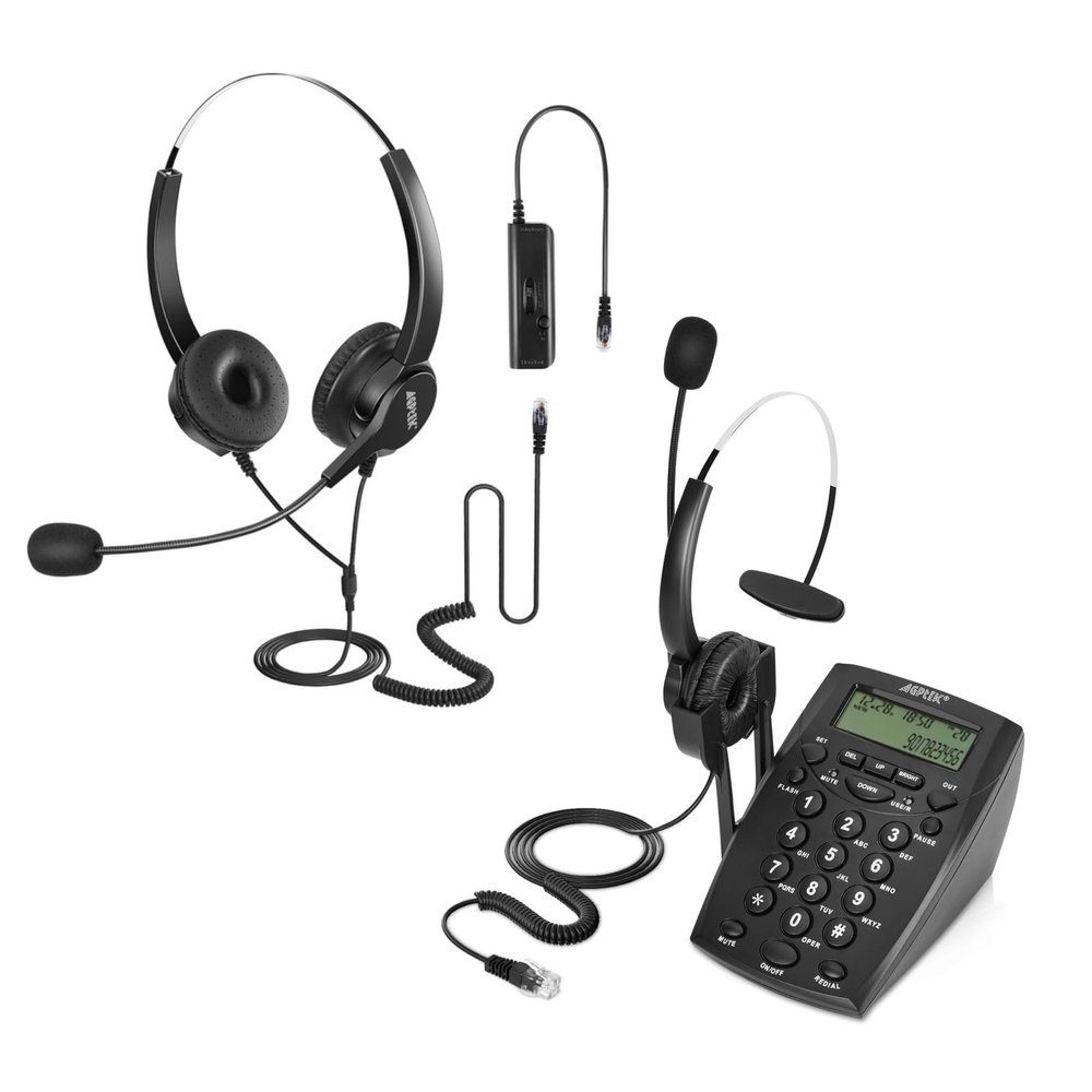 AGPTEK Call Center Dialpad Headset Telephone Bundle with Binaural Headset Headphone with 4-Pin RJ9 Crystal Head, for Telephone Counselling Services, Insurance, Hospitals