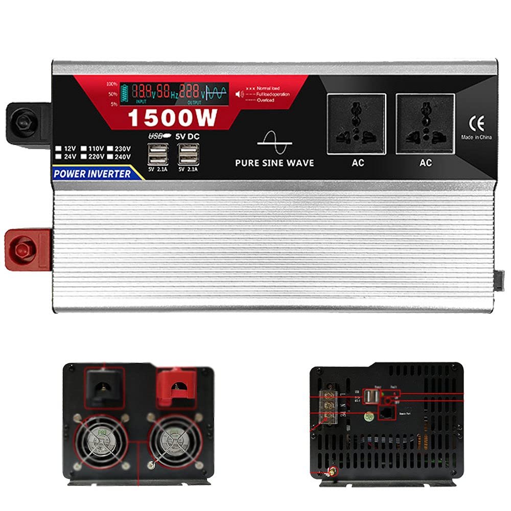 ZWJABYY Power Inverters 2000W 3000W 4000W 6000W Peak Pure Sine Wave Inverter 12V 24V Dc to 110V 220V Ac Car Power Inverter with Remote Control 2 Ac Outlets 6 USB 2.1A Port,1500W-24Vto110V
