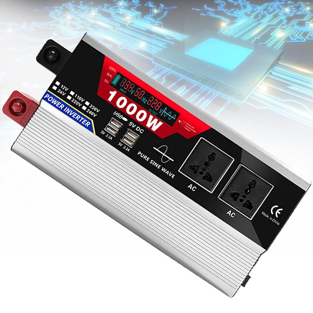 ZWJABYY 2000 Watt Pure Sine Wave Inverter 12V 24V Dc to 110V 220V Ac Car Inverter with 2 Ac Outlets +6 USB 2.1A Port,Remote Switch and Battery Cables (4000W Peak),1000W-24Vto220V