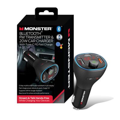Monster Bluetooth FM Transmitter for Car Cigarette Lighter with 20W QC3.0 USB A & USB C PD Charger, Bass Boost Button, Flash Drive Port, Google Voice & Siri Compatible, Hands-Free Calls, Microphone