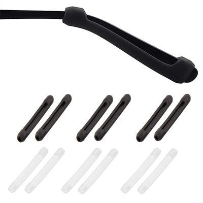 PIPJOY Premium Ultra Soft Anti Slip Silicone Eyeglass Temple Tips - 6 Pair Ear Grips Sleeve Retainer (Black & Clear)
