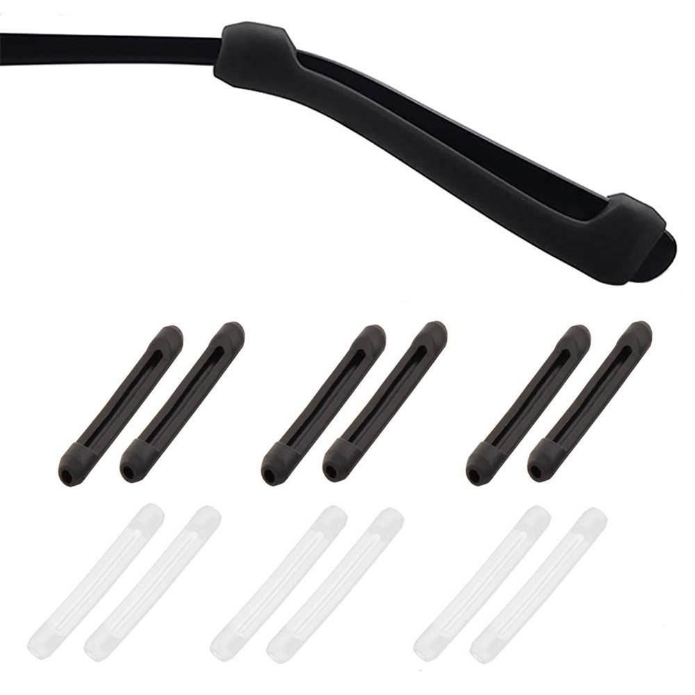 PIPJOY Premium Ultra Soft Anti Slip Silicone Eyeglass Temple Tips - 6 Pair Ear Grips Sleeve Retainer (Black & Clear)