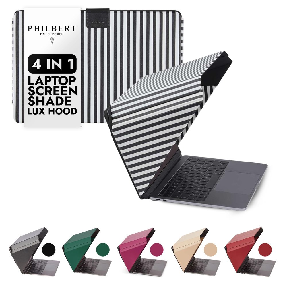 Philbert Danish Design 4-in-1 Laptop Sun Shade Lux Hood - Screen Shade, Privacy Screen, Heat Protection, Contrast Enhancement - Fits 12/13/14 Laptops, Self-Standing Cover with Pocket - Striped