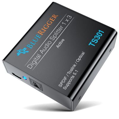 BlueRigger Digital Optical Audio Splitter (Active Toslink Splitter 1 in 3 Out, SPDIF, Fiber Optic Adapter) - Compatible with Home Theatre, Xbox, PS4, DVD, Receiver, TV, LPCM2.0, DTS, Dolby Digital