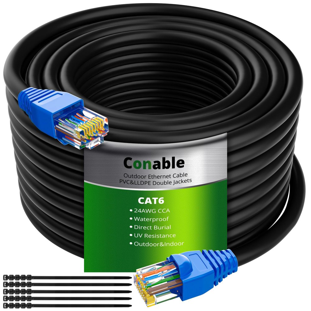 Cat6 Outdoor Ethernet Cable 250ft, Heavy Duty Double Jackets Internet Cord, Waterproof, Direct Burial, (from 25FT to 500 FT) Support PoE Cat6 Cat5e Cat5 Network, Cat 6 RJ45 Patch Cable with 25 Ties
