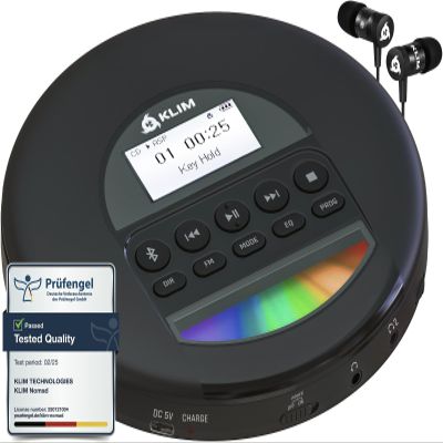 KLIM Nomad - New 2023 - Portable CD Player Walkman with Long-Lasting Battery - with Headphones - Radio FM - Compatible MP3 CD Player Portable - TF Card Radio FM AM Bluetooth - Ideal for Cars - Black