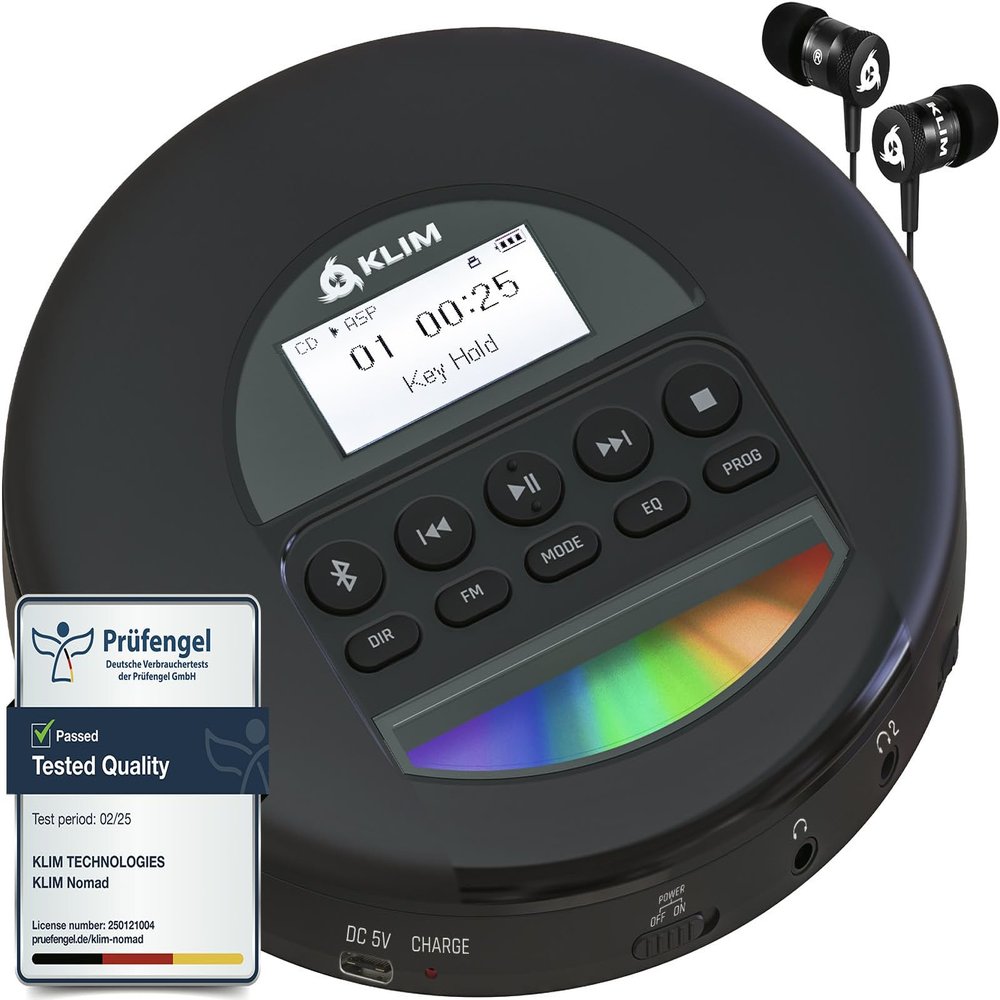 KLIM Nomad - New 2023 - Portable CD Player Walkman with Long-Lasting Battery - with Headphones - Radio FM - Compatible MP3 CD Player Portable - TF Card Radio FM AM Bluetooth - Ideal for Cars - Black