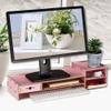 Alvinlite Monitor Stand Riser with 2 Tier Shelf, Desktop Organizer Desk Monitor Stand with Drawer for Screen, Laptop, Printer, Bookshelf for Home & Office, 18.7 Inch Wood Shelf, Pink view 4