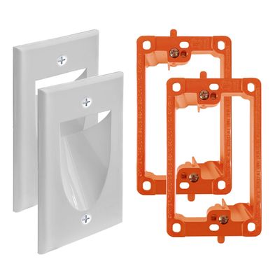 2 Pack Wall Plate Cable Pass Through with Bracket - In Wall Cable Management Kit - Recessed Cable Wall Plate Pair with Single Gang Low Voltage Mounting Bracket - Decorator Cover for Low Voltage Cables
