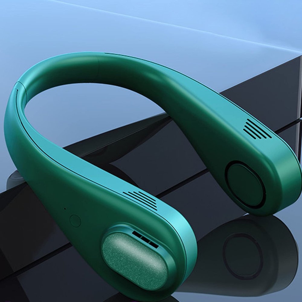 Portable USB Rechargable Hanging Neckband FansHands Free Bladeless Neck Fan,3 Speed Wearable Mini Neck Fan with Low Noise,Hanging Headphone DesignLightweightfor Traveling Camping Office, Green