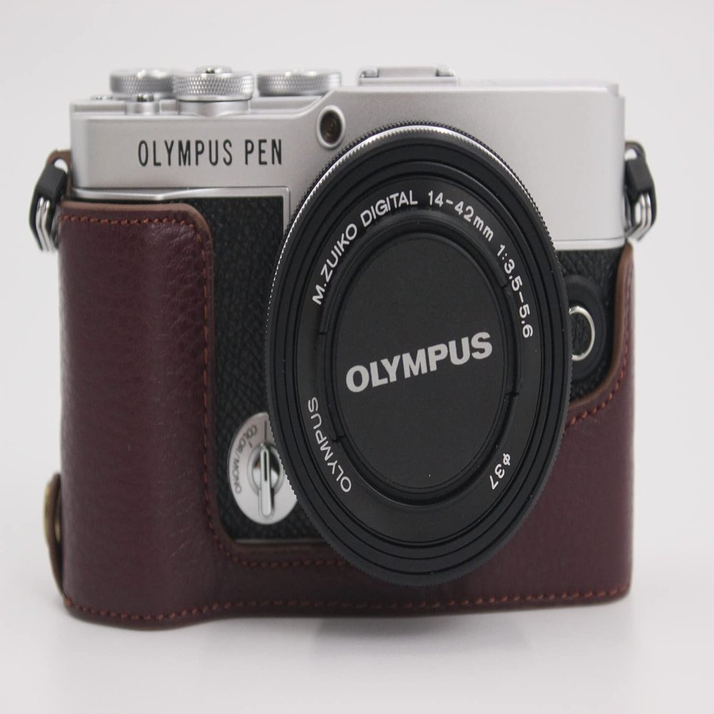 E-P7 Case, BolinUS Handmade Genuine Real Leather Half Camera Case Bag Cover for Olympus Pen E-P7 EP7 Bottom Opening Version + Hand Strap (Coffee)
