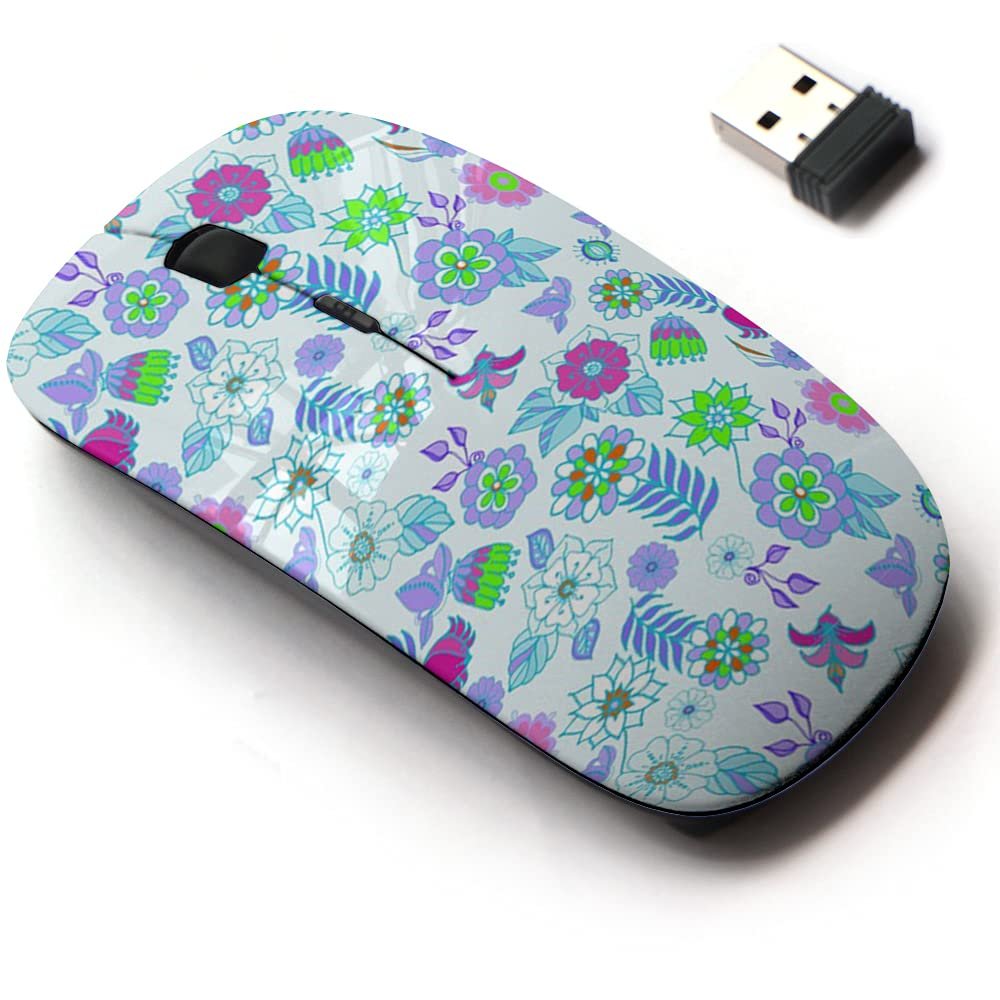 2.4G Wireless Mouse with Cute Pattern Design for All Laptops and Desktops with Nano Receiver - Floral Plant Drawn Flower