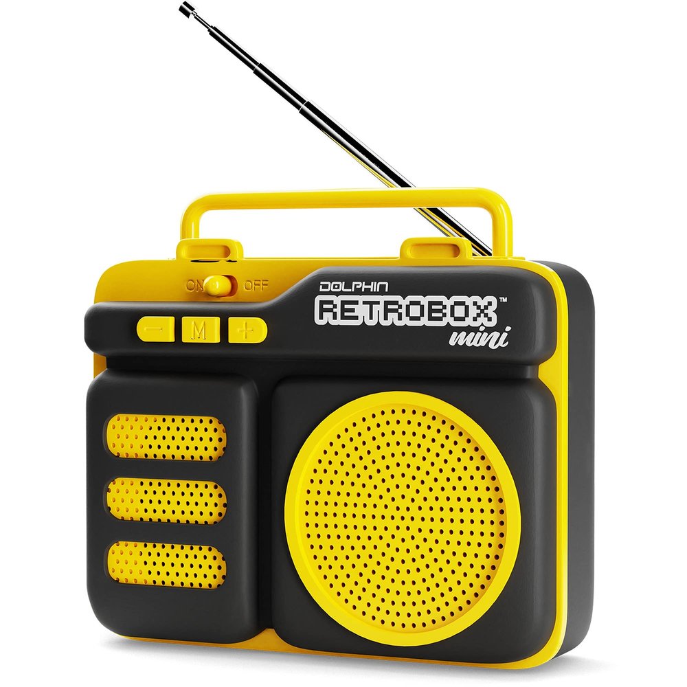Dolphin Retrobox Mini for Jobsite, Small but Durable Bluetooth Speakers with FM, Rechargeable Music Device, Up to 12 Hour Play Time, Yellow