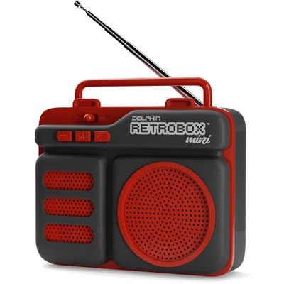 Dolphin Retrobox Mini RTX-10 - Bluetooth Speakers with FM Radio, USB Drive, Micro SD Card MP3 Player, 3.5mm Aux Jack - Rechargeable Music Device, Up to 12 Hours Play Time, 2" Full Range Woofer - Red