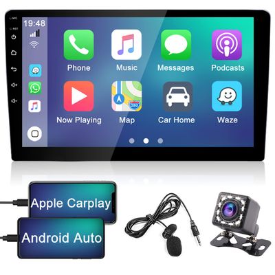9 Inch Double Din Touch Screen Car Radio with CarPlay Android Auto, Car Play Touchscrren Stereo with Bluetooth Mirror Link FM/AM/RDS Button Lights EQ SWC, Car Audio Receiver with Backup Camera Mic