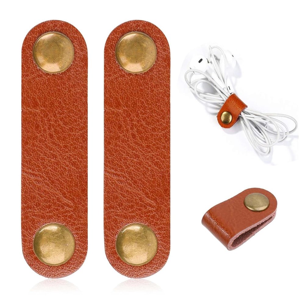 AKOAK 2 Pcs Leather Cable Straps, Cable Organizer USB Holder, Cable Management, for Organizing USB Cable Headphone Wires Cable Clips