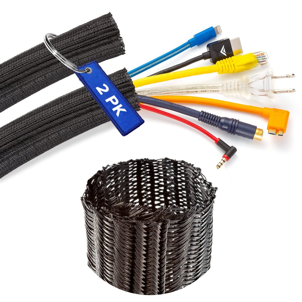 Cable Management Wire Loom 3ft -1/2 inch, Cable Sleeve Split Tubing, Cord Covers for Wires on Floor, Cord Protectors from Pets Chewing Cables, Black (2 Pack)