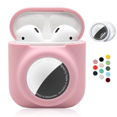 2 in 1 Silicone Protective Skin Cover Compatible with AirPod 1&2 and AirTag, Soft Comprehensive Protective Case with 2 PCS TPU Screen Protector, Anti-Scratch Anti-Fall Anti-Lost(Pink)
