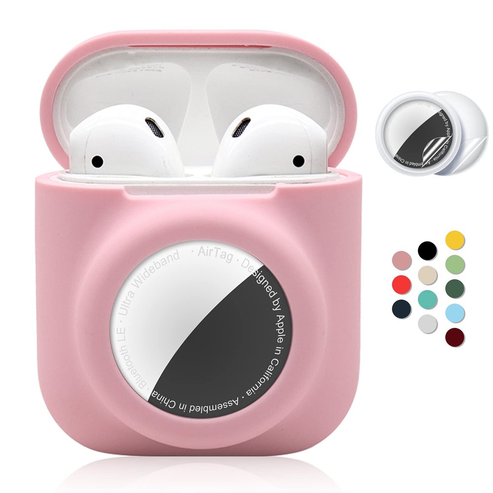 2 in 1 Silicone Protective Skin Cover Compatible with AirPod 1&2 and AirTag, Soft Comprehensive Protective Case with 2 PCS TPU Screen Protector, Anti-Scratch Anti-Fall Anti-Lost(Pink)